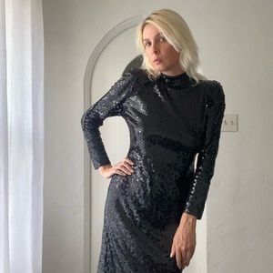 SOLD. Oleg Cassini Vintage 80s Black Sequined Open Back Glam Sparkly Dress S 8